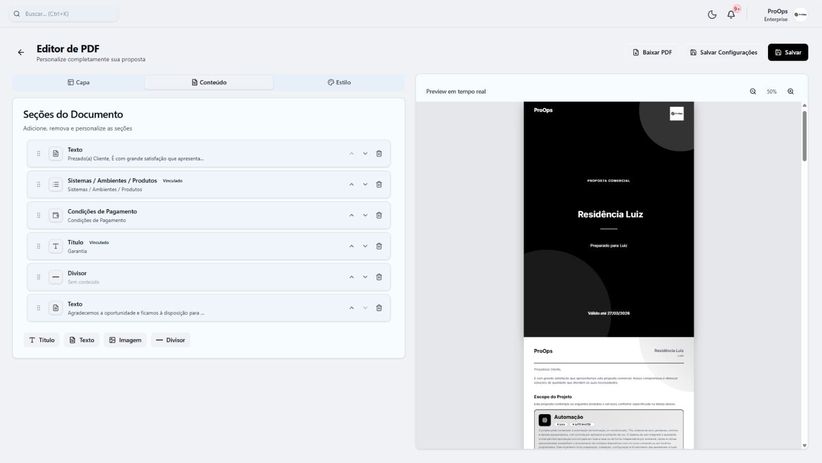 Editor de PDF para propostas comerciais com preview em tempo real