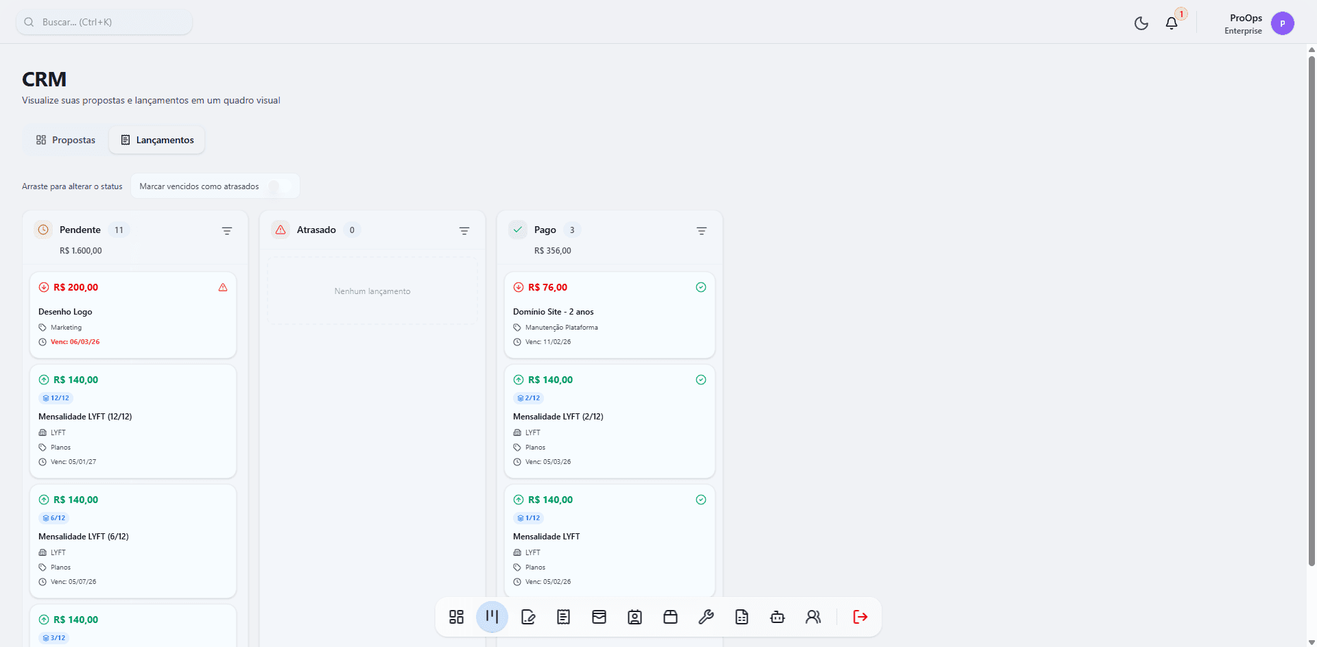 Funil de vendas do ERP da ProOps, em formato kanban
