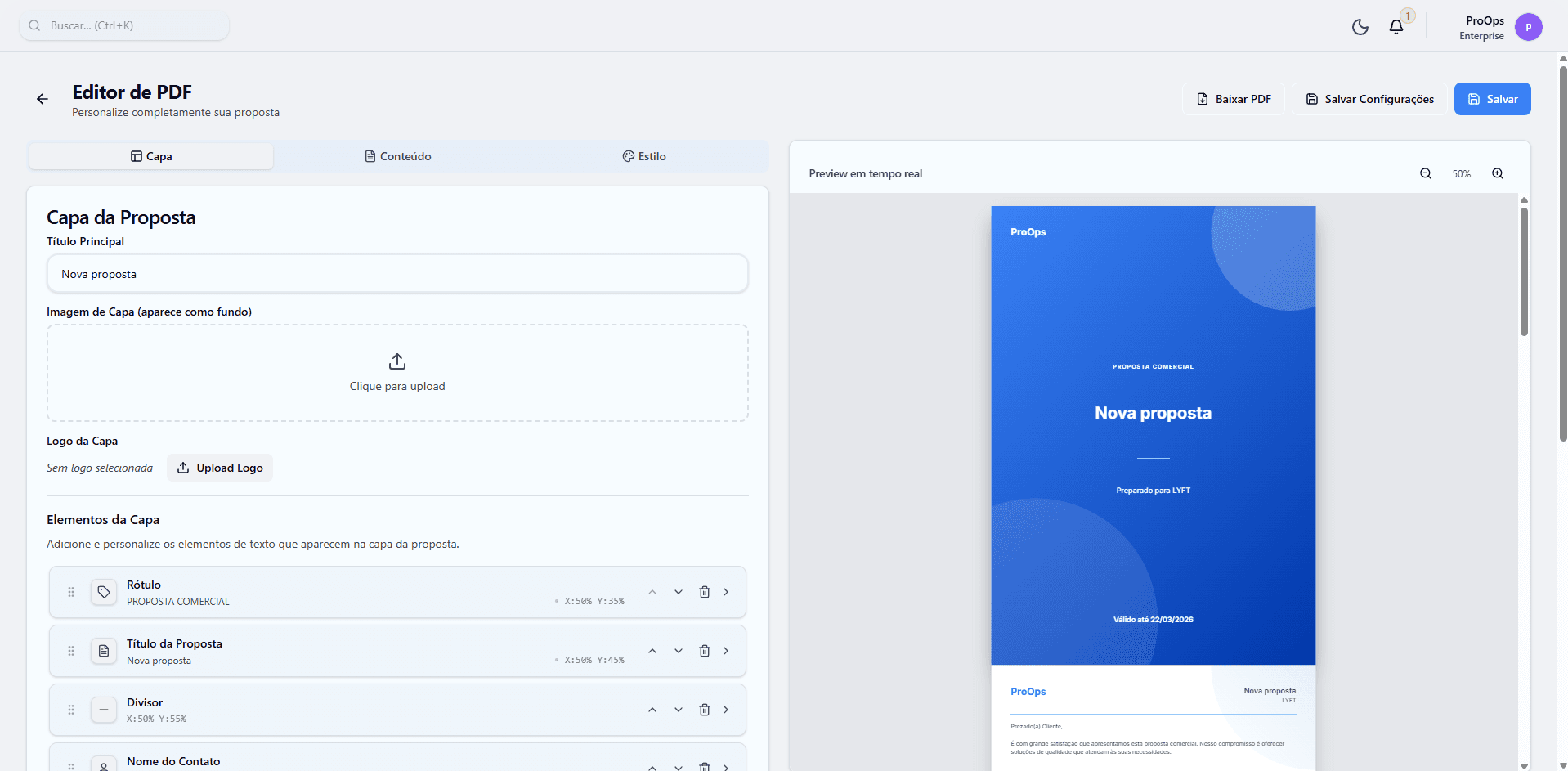 Editor de PDF com proposta comercial em preview